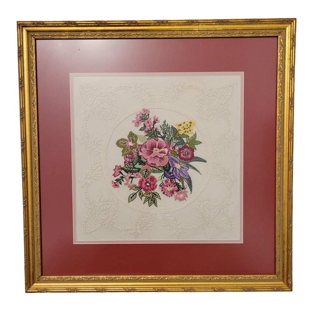 Candamar Floral Bouquet 23" Framed Embroidery Gold Ornate Frame VINTAGE Cottage